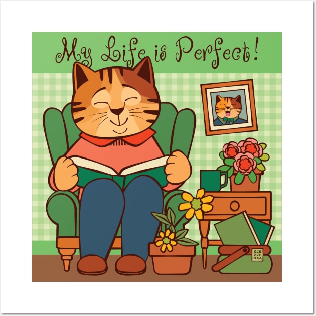 LIfe is Perfect Cat Reading Book at Home Wall Art by Sue Cervenka